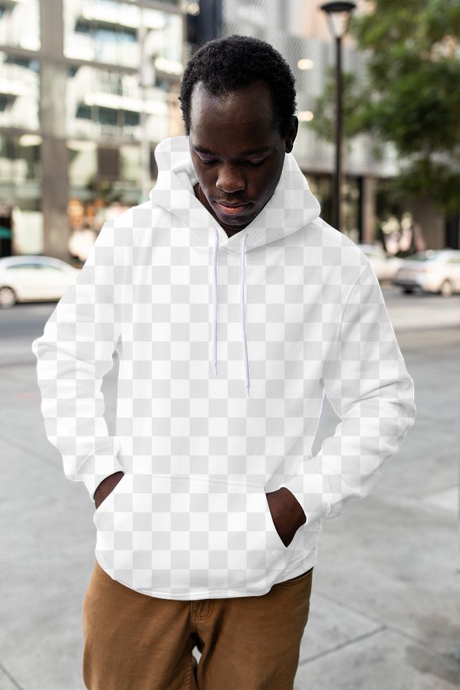 Png menswear hoodie mockup on man with brown pants in the city