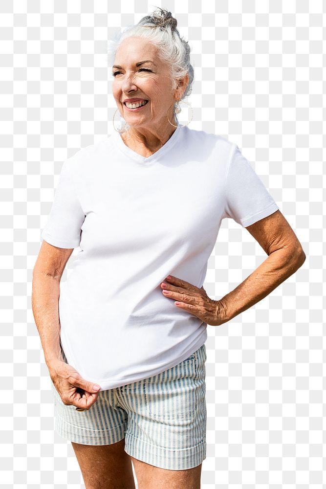 Png senior woman mockup white tee with transparent background