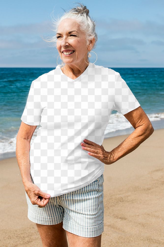 Png t-shirt apparel mockup senior woman fashion shoot at the beach