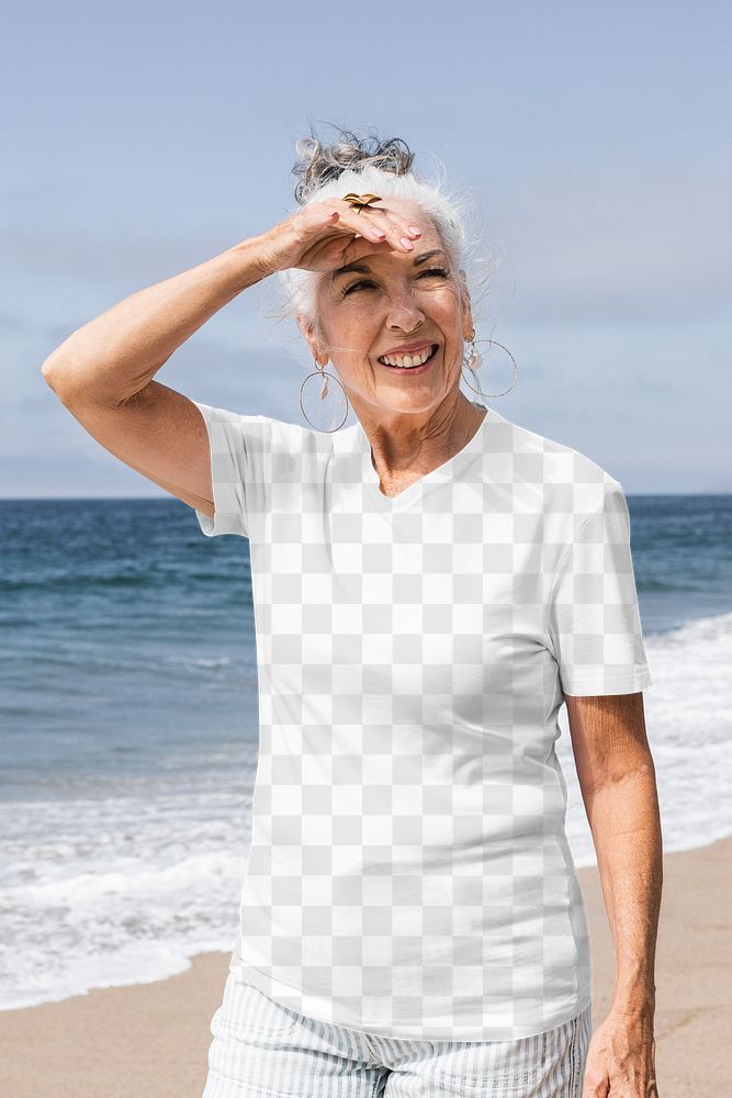 Png t-shirt apparel mockup senior woman fashion shoot at the beach
