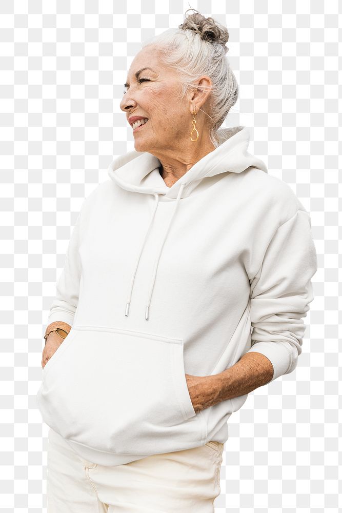 Png mature woman mockup in white hoodie apparel shoot