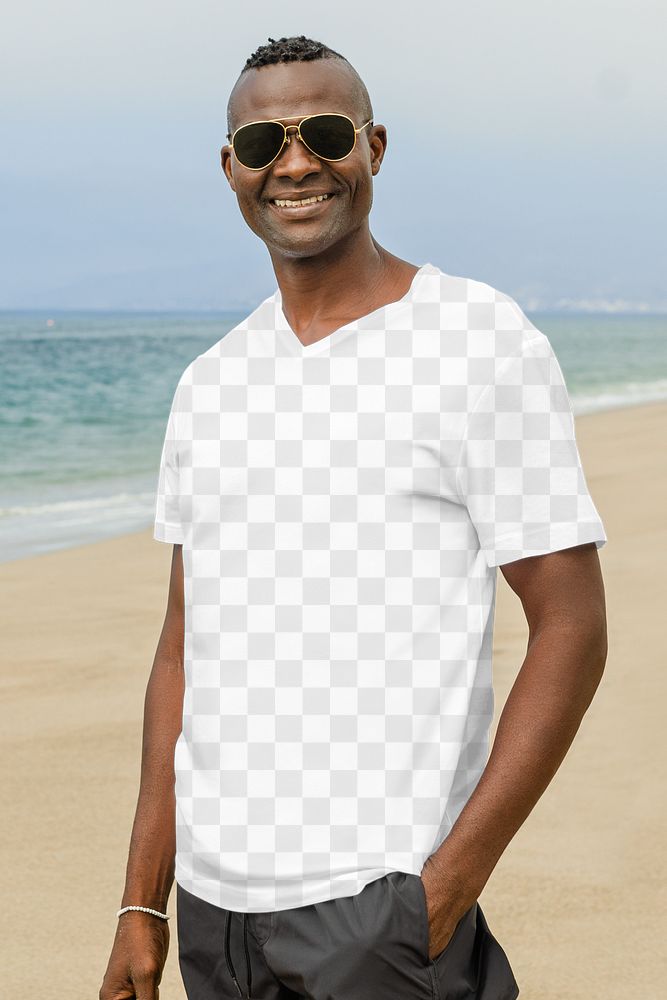 Png men&rsquo;s apparel t-shirt mockup summer fashion shoot at the beach