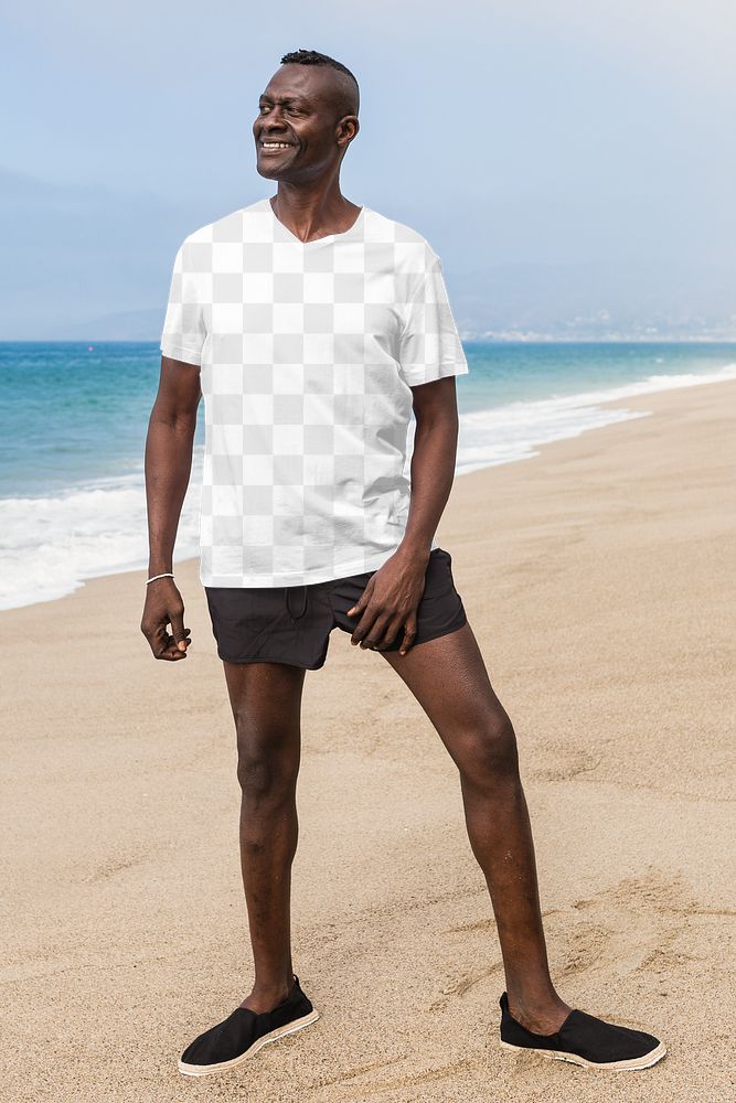 Png men&rsquo;s apparel t-shirt mockup summer fashion shoot at the beach full body