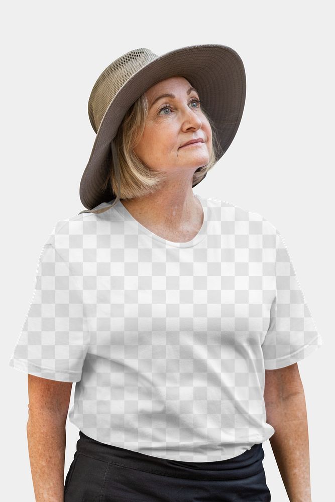 Png minimal t-shirt mockup on retired woman
