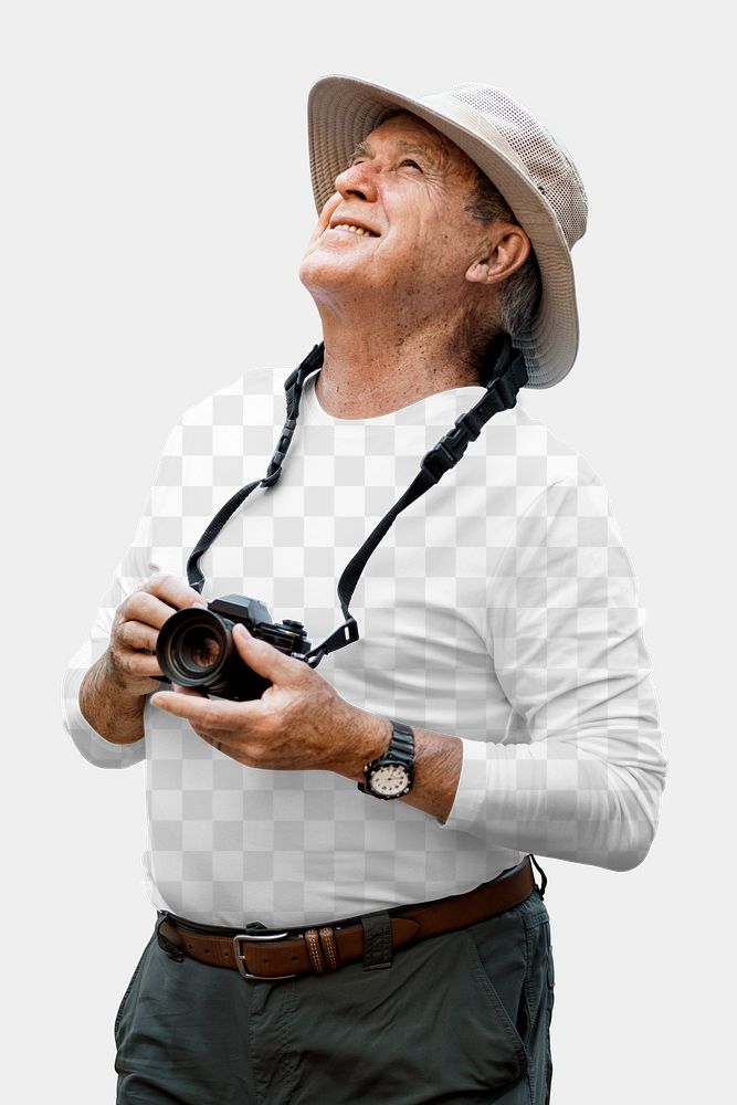 Png apparel mockup on senior man with camera hanging