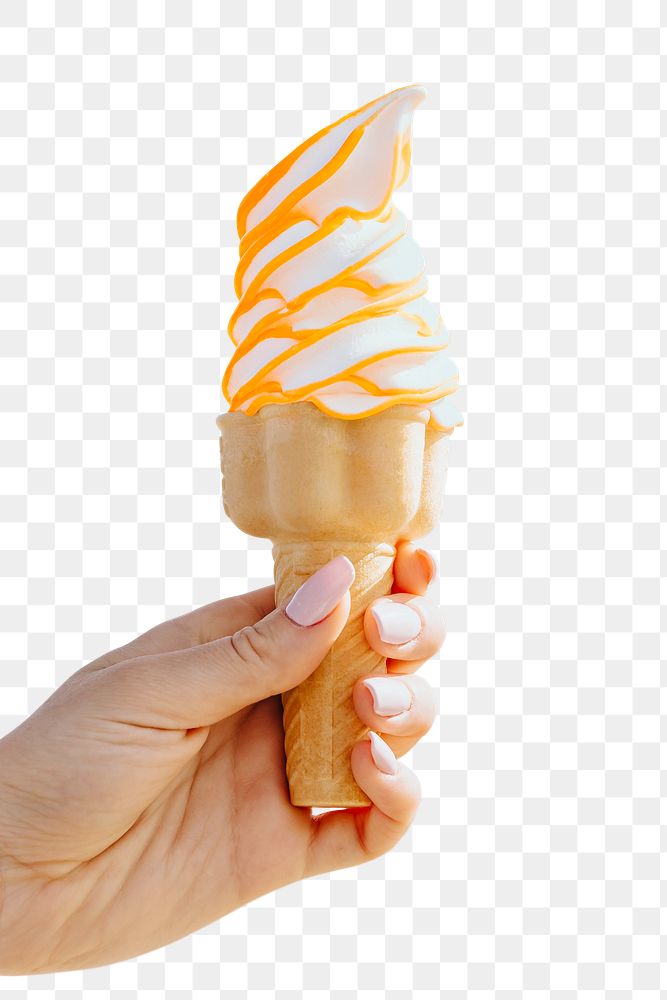 Soft serve ice cream cone with caramel sauce design element