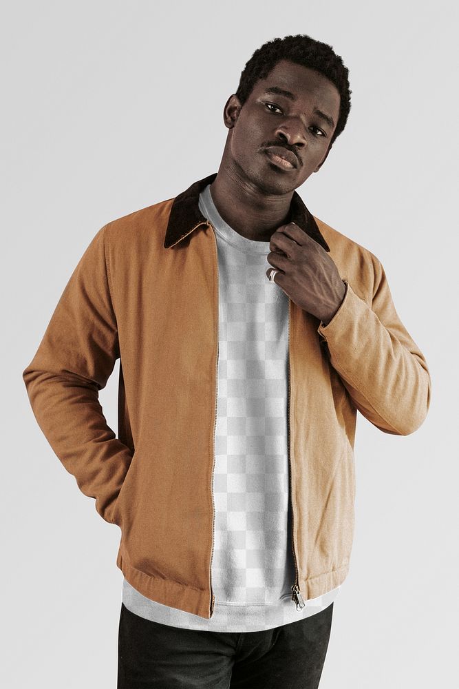 Men's beige jacket png with sweater mockup on gray