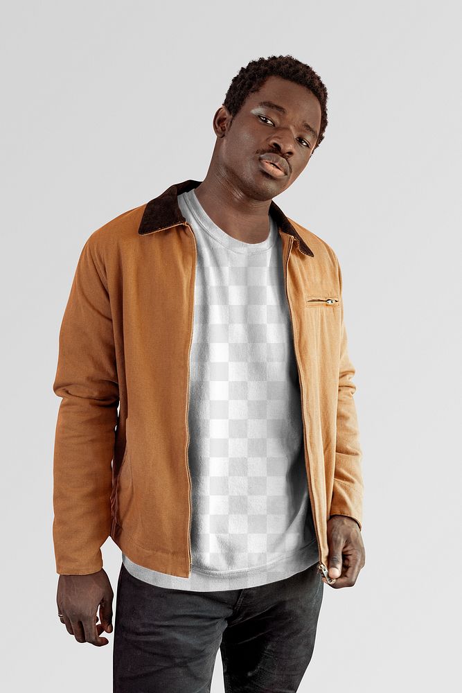 Men's beige jacket png with sweater mockup on gray