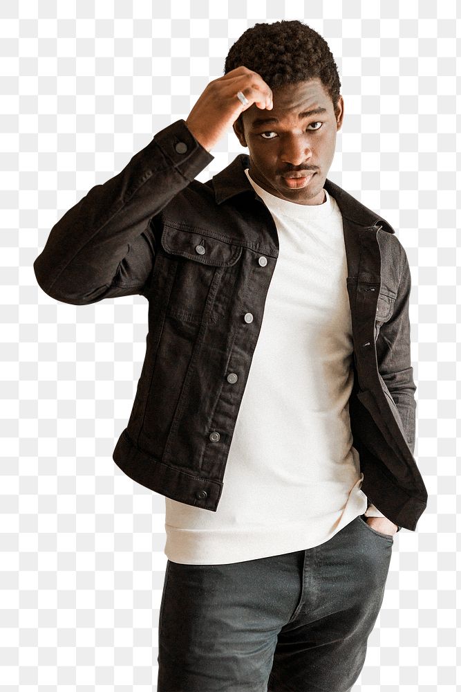 Men's black jeans jacket mockup png white tee on black model