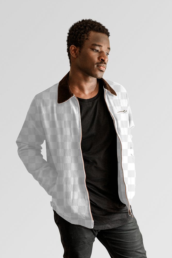 Men's short jacket png mockup on anfrican american male model