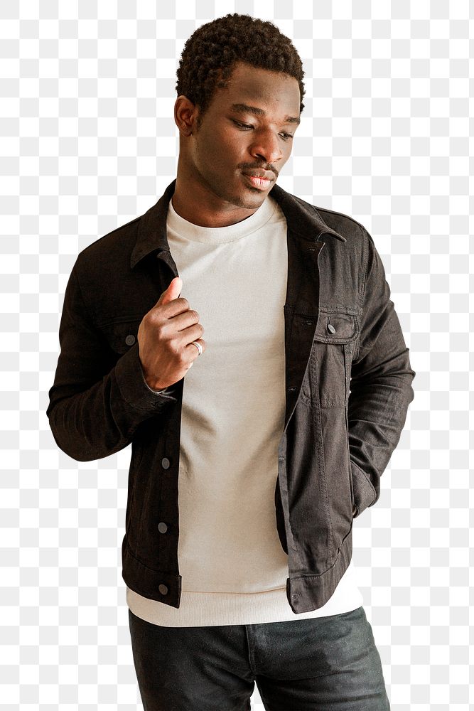 Men's black jeans jacket mockup png white tee on black model