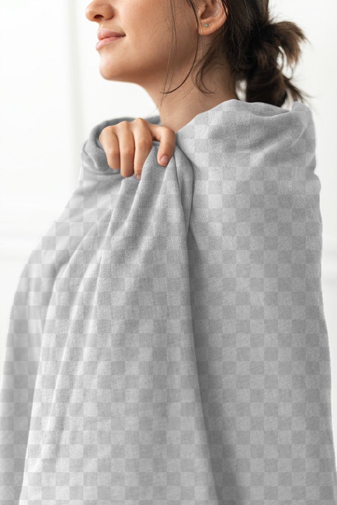 Throw blanket png transparent mockup wrapped around woman