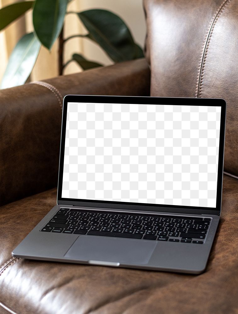 Laptop screen mockup transparent png screen on a leather couch