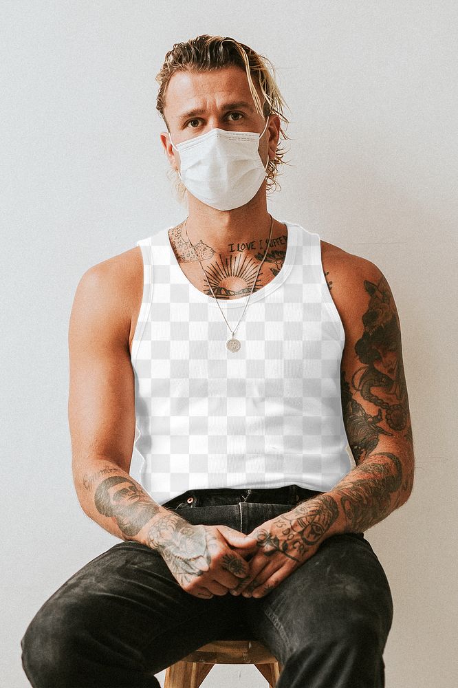 Men&rsquo;s png tank top mockup alternative fashion with a face mask in the new normal