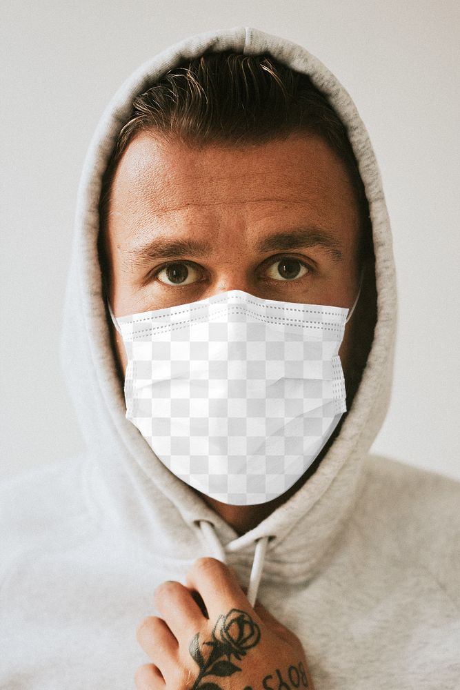 Face mask png mockup on a man in a hoodie