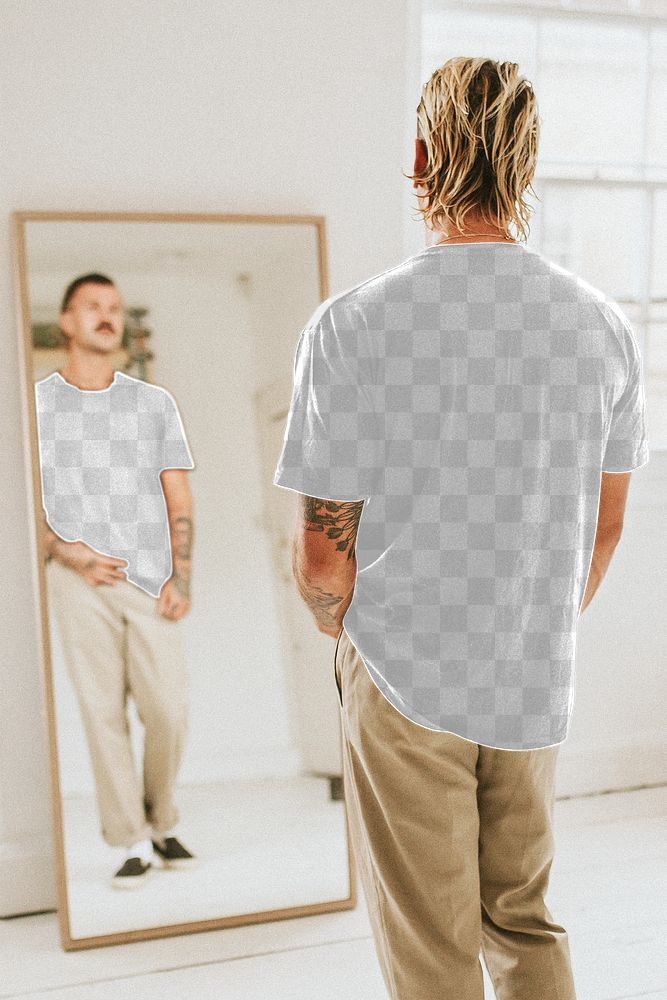 Men&rsquo;s png tee mockup in front of a mirror