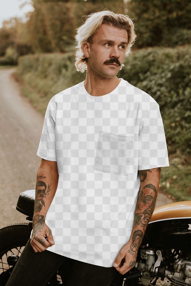 T-shirt png mockup on alternative fashion male with vintage motorcycle
