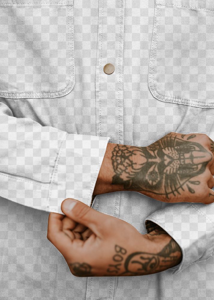 Jacket png mockup on urban tattooed man model close up