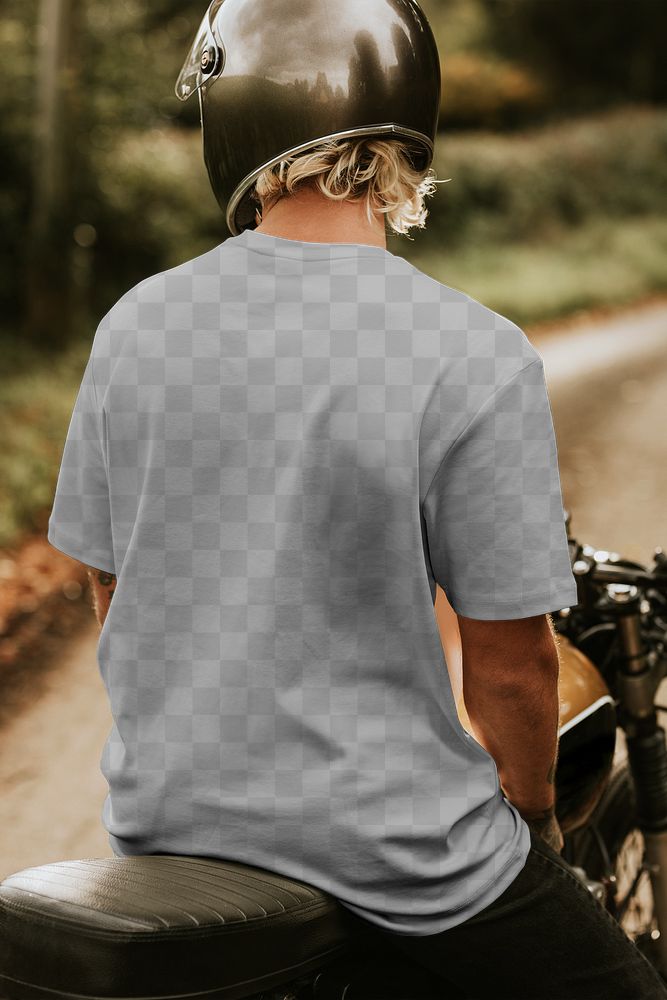 T-shirt png mockup on alternative fashion male on vintage motorcycle back view