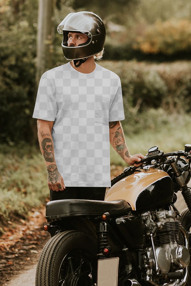 T-shirt png mockup on alternative fashion male with vintage motorcycle