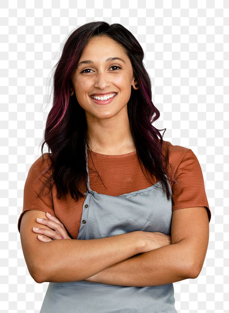 PNG smiling Indian woman mockup in gray apron
