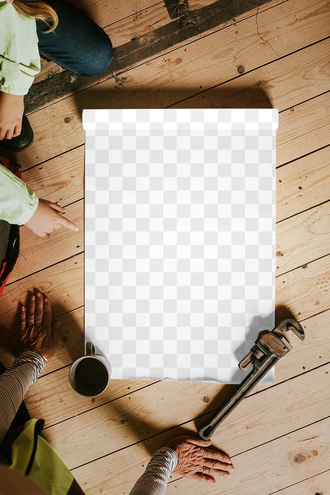 Paper png mockup blueprint at a construction site