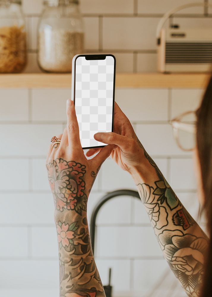 Phone screen mockup png in the kitchen
