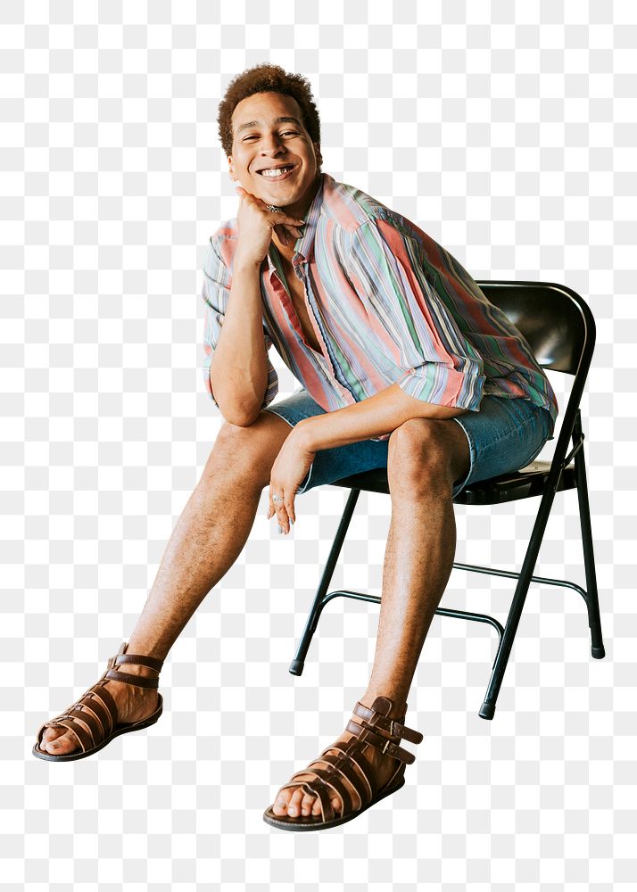 Cheerful man png, sitting on a chair