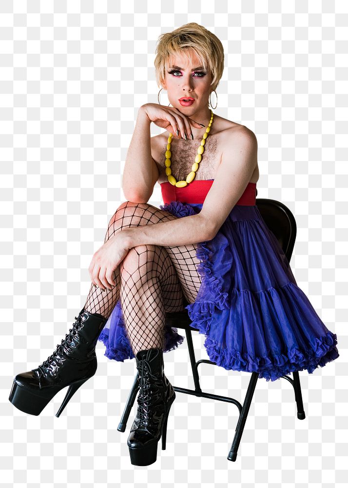 Blond drag queen png, sitting on a chair