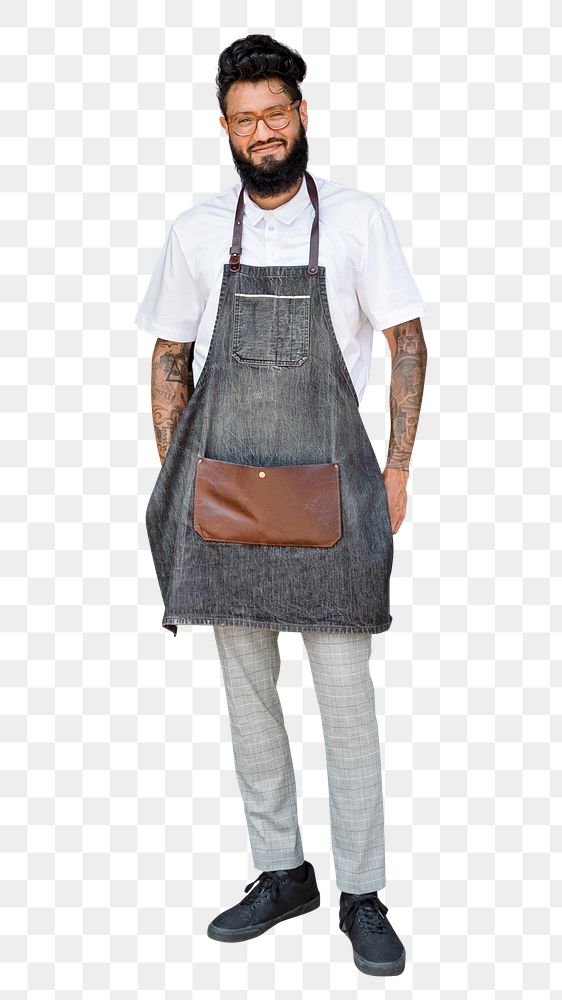 Cool man png, barber wearing apron, full body cut out