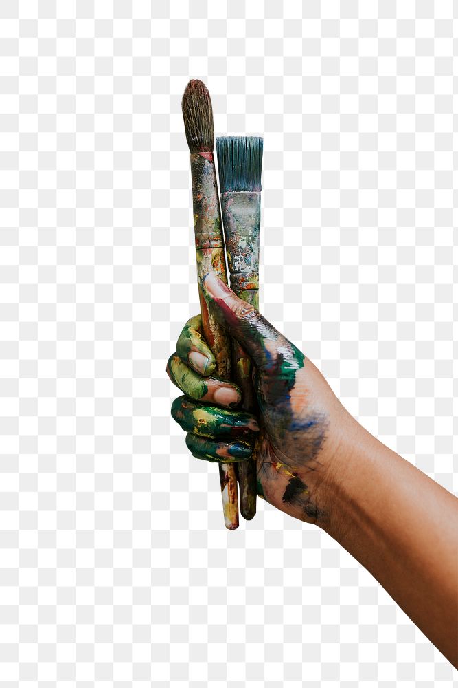 Hands holding brush png, covered in paint on transparent background