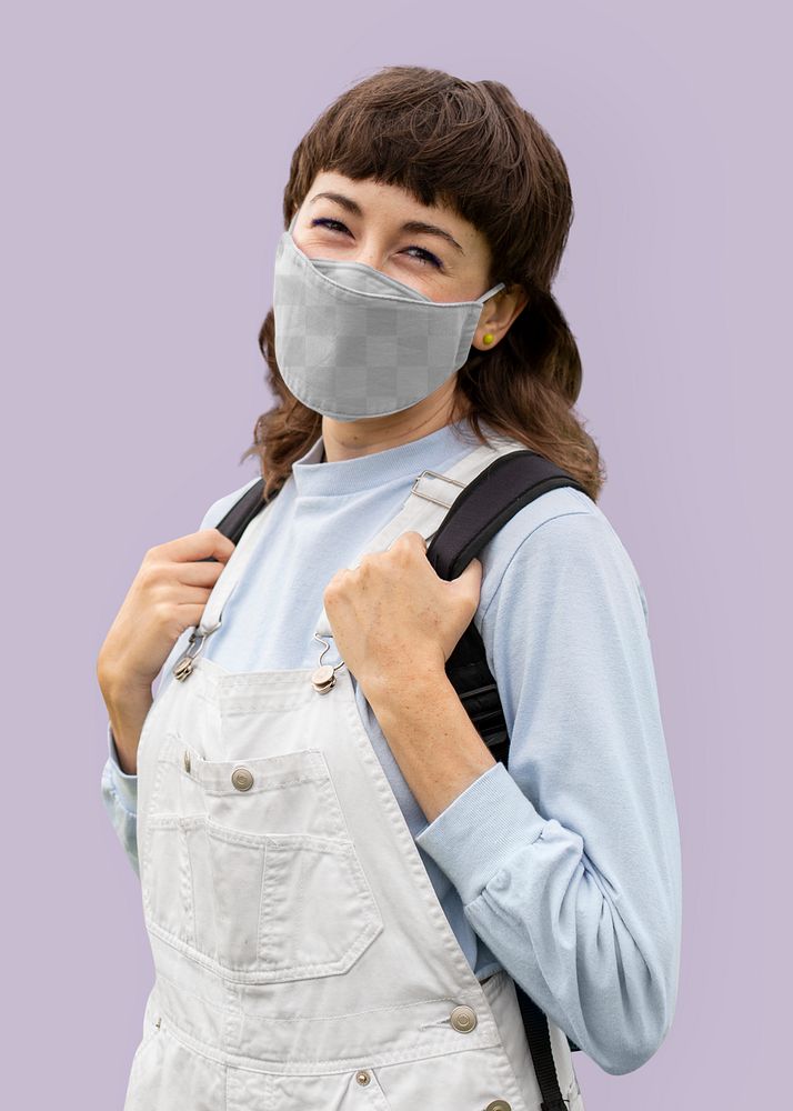 Face mask png transparent mockup, student at school in the new normal