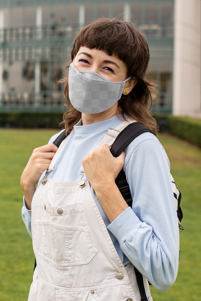 Face mask png transparent mockup, student at school in the new normal