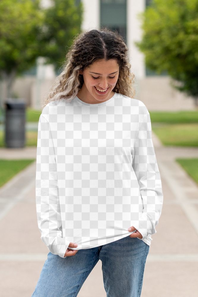 Long sleeve top png mockup, transparent jumper on a college student