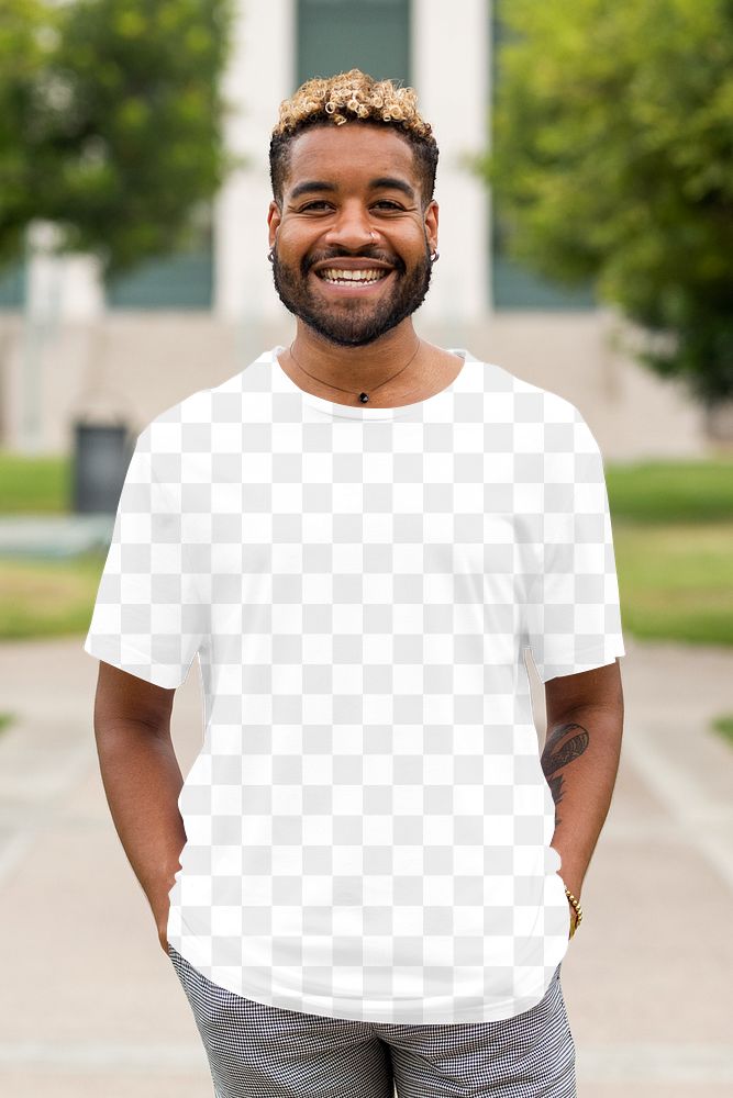 T shirt png mockup, transparent casual tee on a bearded man