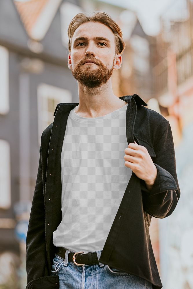T-shirt transparent png mockup on beard hipster man with black jacket on top 