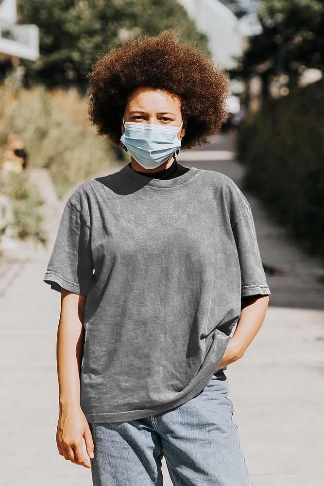 T-shirt png mockup on woman model wearing surgical mask 