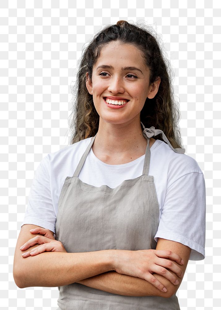 Woman png, small business owner in apron, half body portrait
