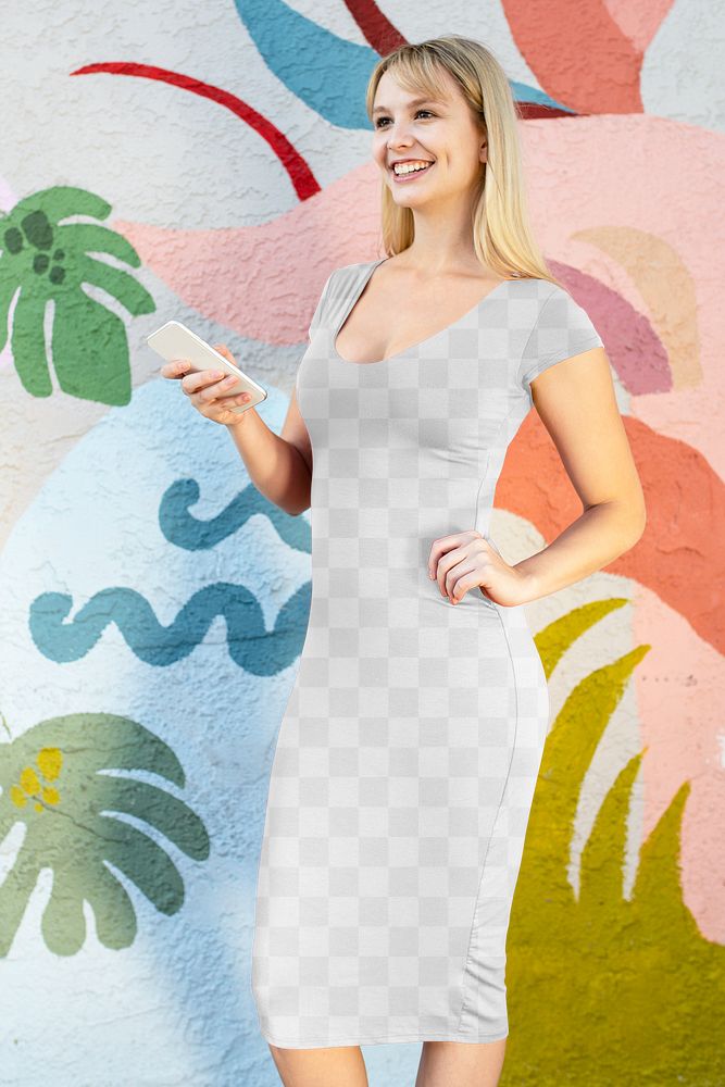 Dress png mockup, transparent apparel worn by happy blond woman with a smartphone