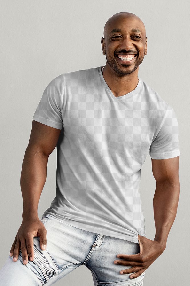 V neck tshirt mockup, customizable png apparel worn by African American man
