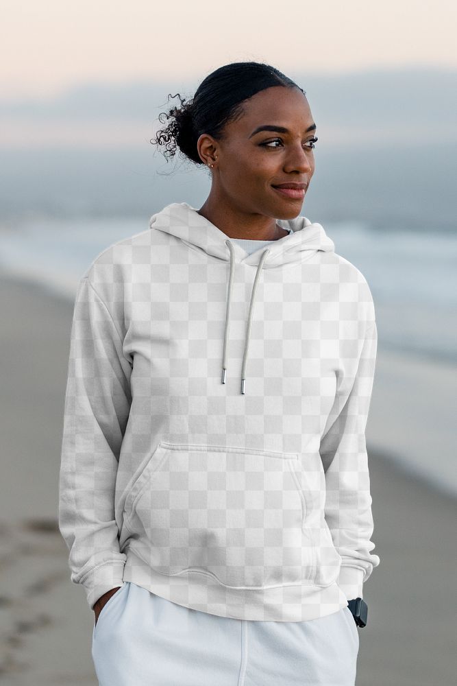 Hoodie mockup png, customizable transparent design, African American woman by the beach