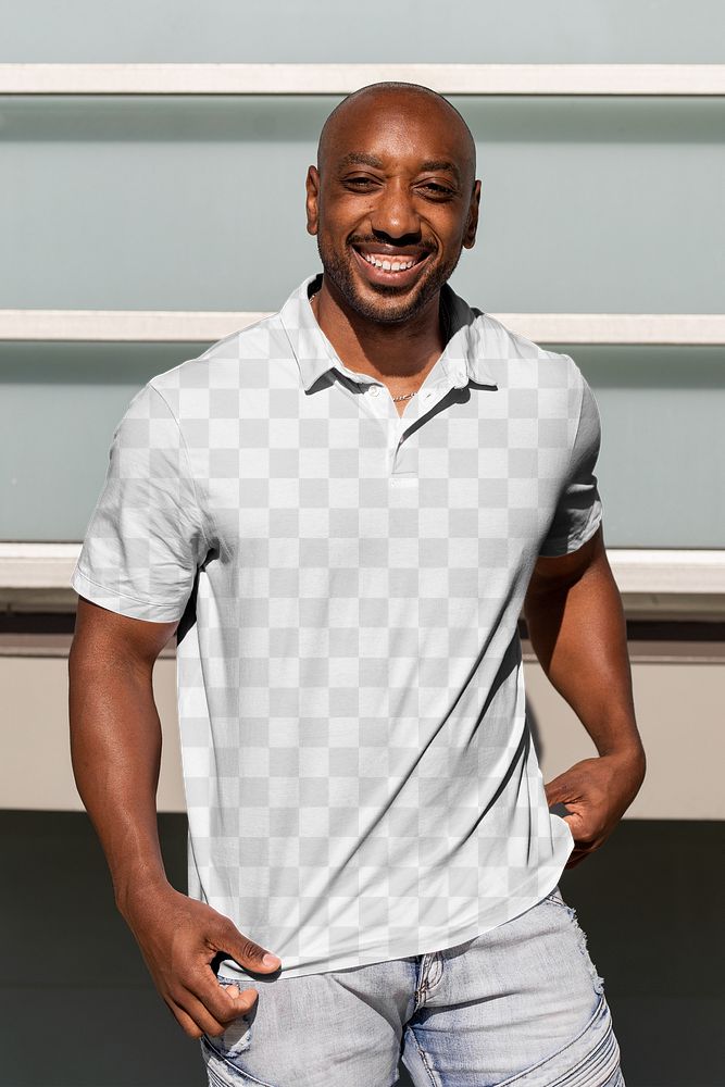 Transparent png shirt mockup, confident African American man posing
