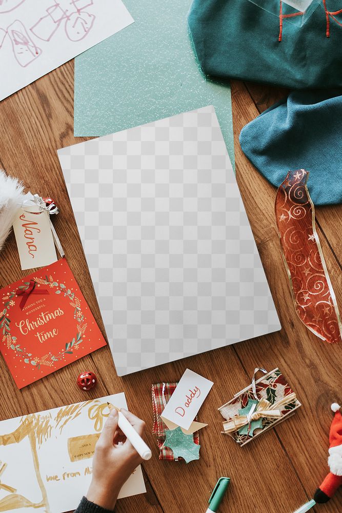 Christmas card png mockup, on wooden floor, festive stationery