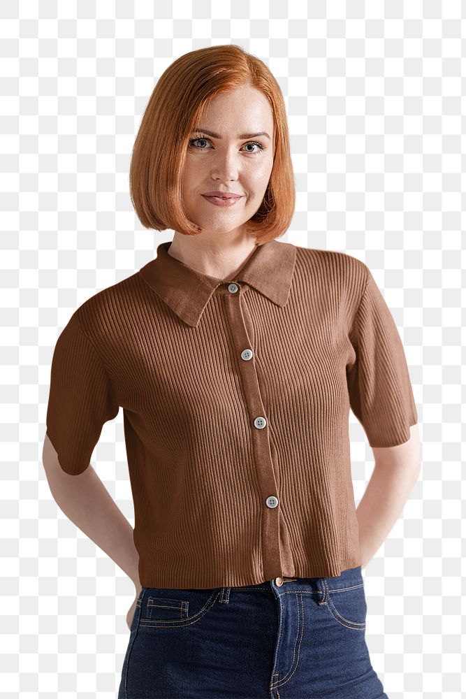 PNG cheerful ginger-haired woman in brown shirt