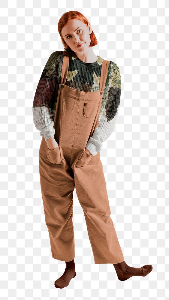 PNG woman in brown dungarees, full body, autumn apparel fashion design