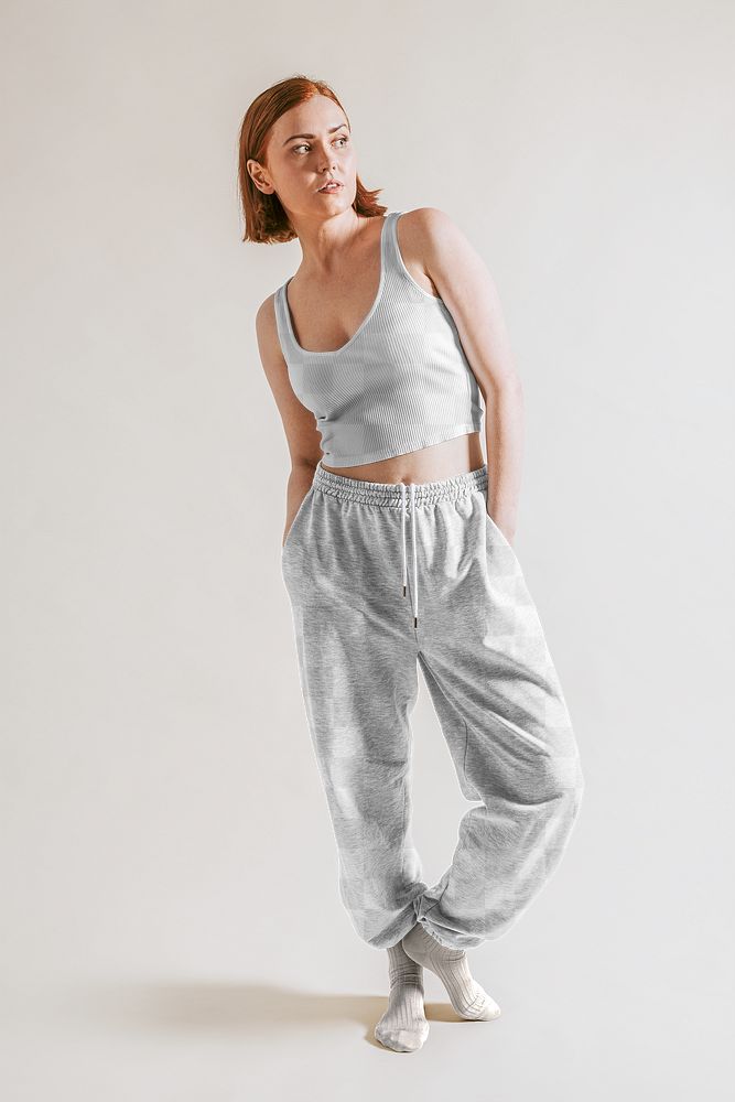 PNG women's sleepwear mockups, full body, tank top and joggers, apparel fashion design