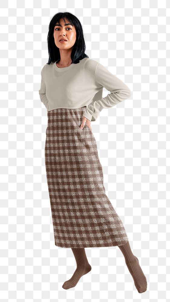 PNG woman in plaid dress, full body, autumn apparel fashion design