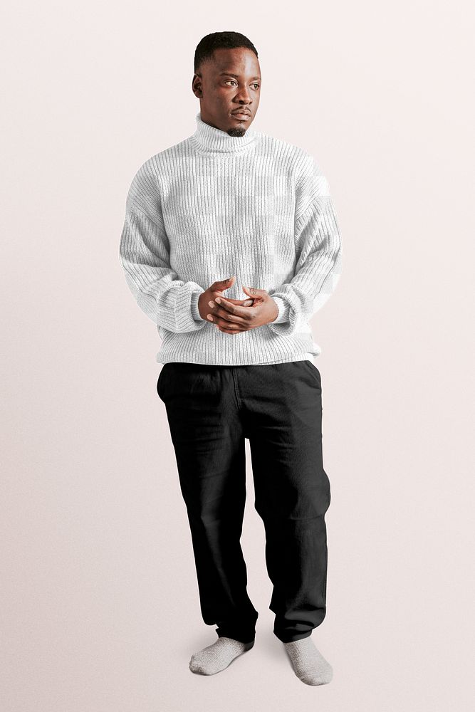 PNG men's turtleneck sweater mockup transparent, full body, autumn apparel fashion design