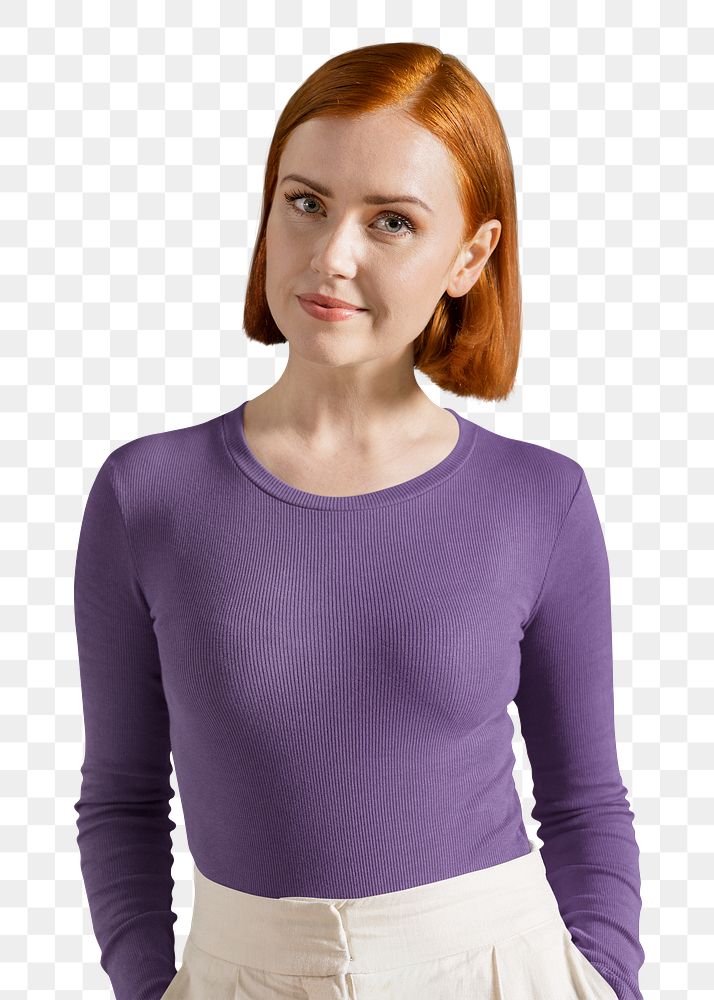 PNG woman wearing purple long sleeve, autumn apparel fashion design