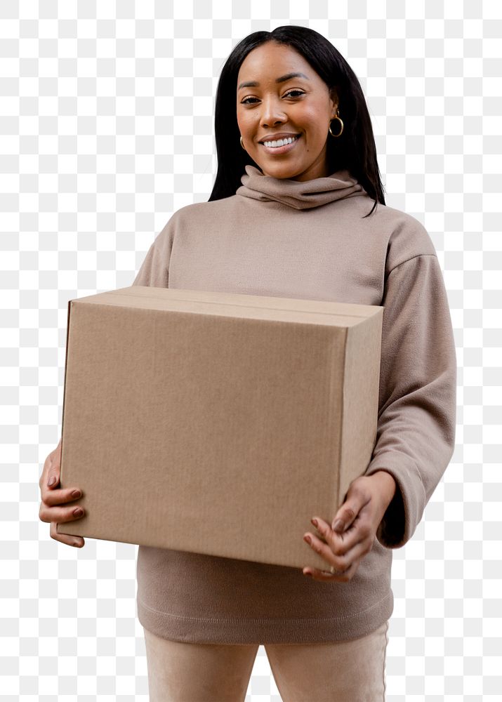 African woman png carrying package, transparent background